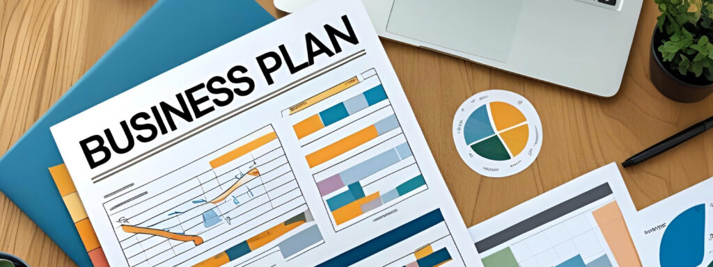Tập tài liệu ghi 'Business Plan' và biểu đồ nằm trên bàn làm việc