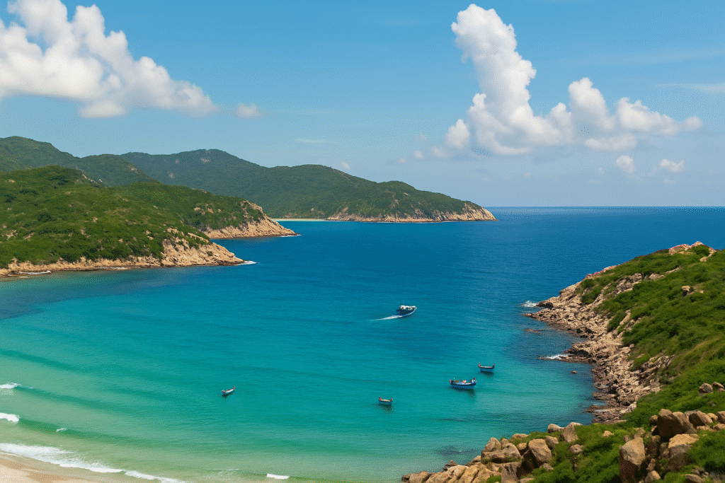 Toàn cảnh vịnh Vĩnh Hy nhìn từ trên cao với làn nước biển trong xanh, những dãy núi xanh rì bao quanh và các thuyền nhỏ trôi lững lờ trên mặt biển yên ả.