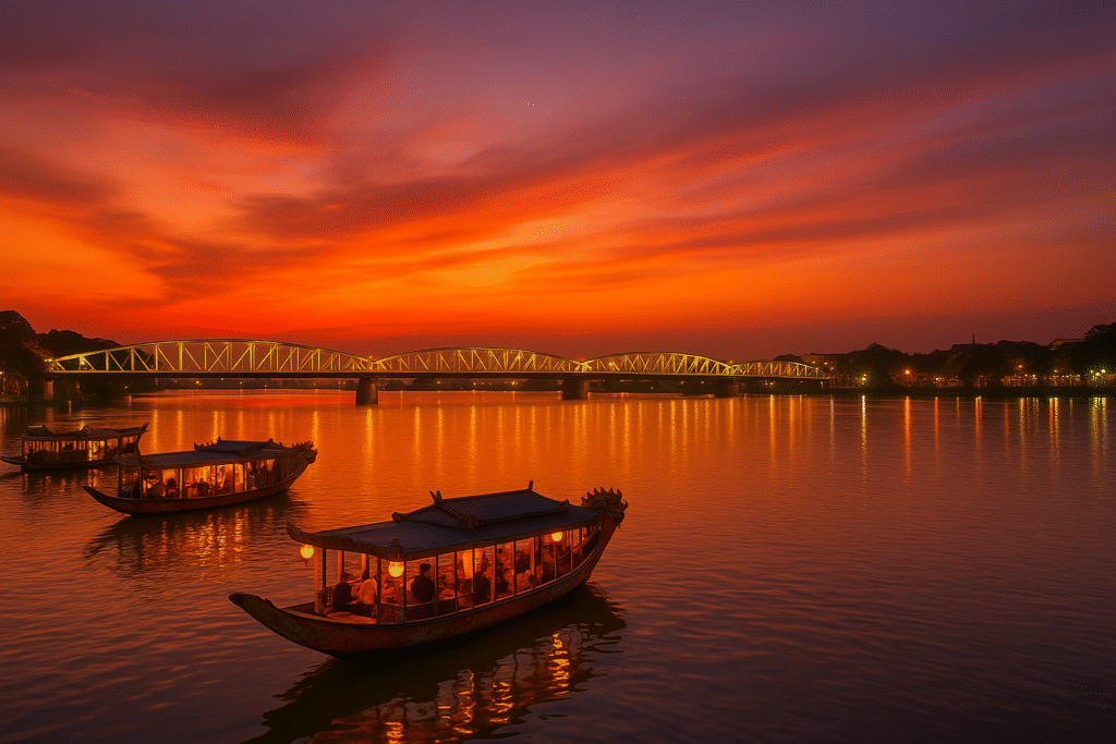 Du thuyền rồng với ánh đèn lung linh trôi trên sông Hương vào lúc hoàng hôn rực rỡ, phía xa là cầu Trường Tiền nổi bật dưới bầu trời đỏ cam tím huyền ảo của thành phố Huế