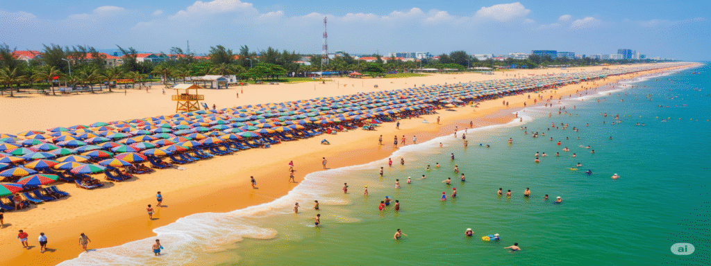 Toàn cảnh bãi biển Cửa Lò Nghệ An từ trên cao, tràn ngập nắng vàng, những chiếc dù nhiều màu sắc và du khách đang tắm mát dưới nước biển xanh trong của mùa hè, thời điểm lý tưởng nhất để du lịch Cửa Lò vào mùa hè 2025