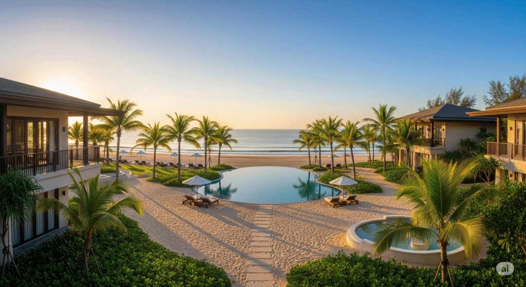 Khu resort cao cấp ven biển, điểm đến du lịch nghỉ dưỡng với hồ bơi vô cực, hàng dừa xanh, bãi cát trắng trải dài, ánh nắng bình minh rực rỡ, không gian yên bình và hiện đại tại Việt Nam năm 2025.