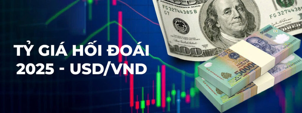 Hình ảnh minh họa tỷ giá hối đoái USD/VND năm 2025 với các đồng tiền USD và VND, hiển thị ảnh hưởng của biến động tỷ giá đến xuất khẩu Việt Nam trong bối cảnh tài chính toàn cầu.