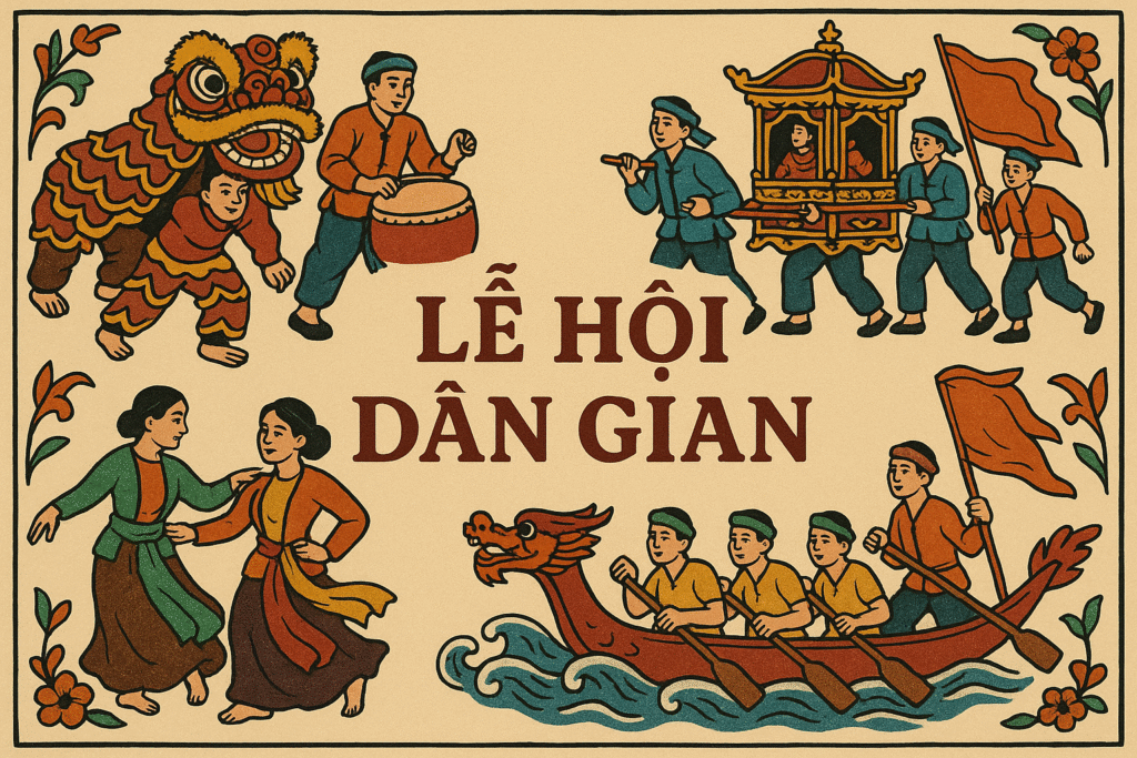 Lễ Hội Dân gian Việt Nam, Quang cảnh lễ hội dân gian với múa lân, trò chơi dân gian và người dân trong trang phục cổ truyền tại sân đình làng.