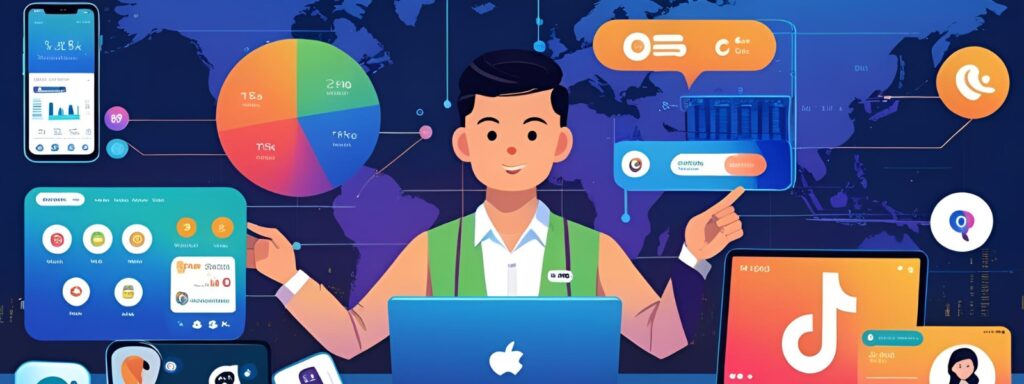 Hình minh họa hiện đại về digital marketing với biểu tượng công nghệ, dữ liệu và sáng tạo, mô phỏng môi trường tiếp thị số tại Việt Nam năm 2025.