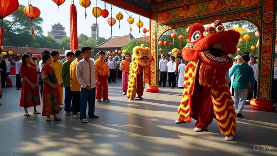 Màn múa lân sôi động trong lễ hội truyền thống tại một ngôi chùa Việt Nam, với nhiều người mặc áo dài và trang phục dân tộc đang đứng xem dưới khung cảnh trang trí lồng đèn rực rỡ.