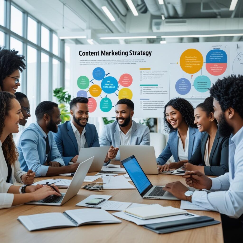 Nhóm nhân viên tiếp thị đang họp bàn chiến lược Content Marketing trong phòng họp hiện đại, với biểu đồ chiến lược lớn hiển thị phía sau. Mọi người đều ăn mặc chuyên nghiệp và thảo luận sôi nổi với laptop và tài liệu trên bàn.