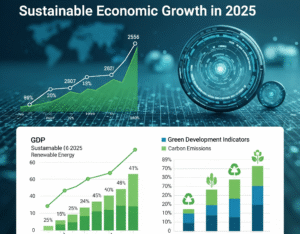 hình ảnh thể hiện xu hướng tăng trưởng kinh tế bền vững năm 2025 dựa trên dữ liệu GDP và chỉ số phát triển xanh
