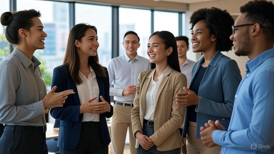 Nhân viên văn phòng tại Việt Nam đang tương tác bằng ánh mắt và cử chỉ thân thiện trong một buổi trò chuyện nhóm, thể hiện giao tiếp phi ngôn ngữ hiệu quả.