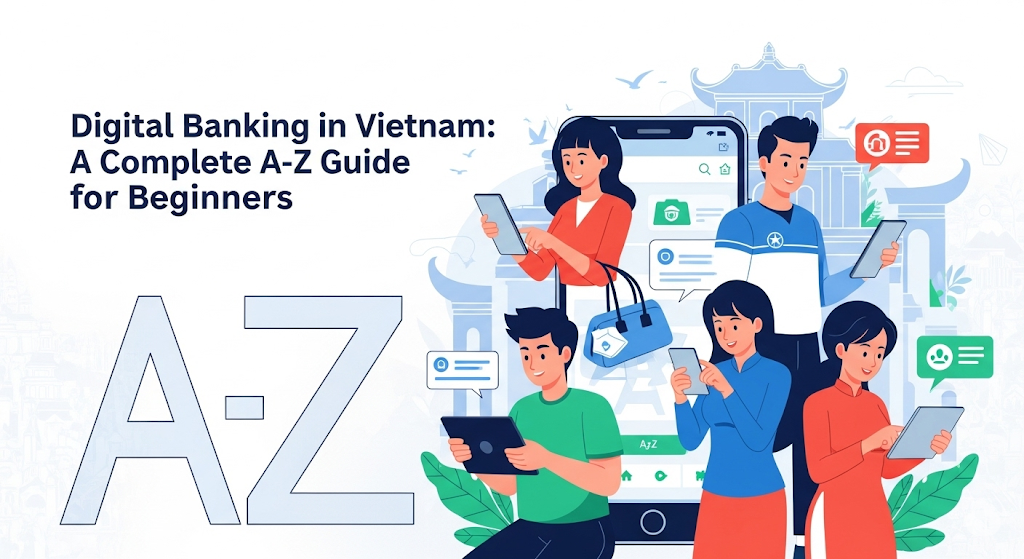 Hình minh họa chủ đề 'Ngân hàng số tại Việt Nam: Hướng dẫn đầy đủ từ A-Z cho người mới bắt đầu', với nhiều người trẻ Việt Nam đang sử dụng điện thoại thông minh và máy tính bảng, bên cạnh chữ 'A-Z' cách điệu lớn. Nền có hình ảnh kiến trúc Việt Nam và các biểu tượng giao dịch.